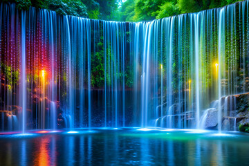 Magical Waterfall at Night. Illuminated Waterfalls and Colorful Lights