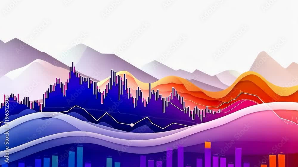 Poster colorful abstract data visualization with wavy patterns and dynamic graph elements