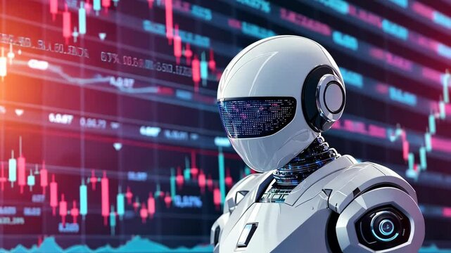 Futuristic Robot with Digital Display Background Showing Stock Market Data Trends