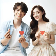 A couple holding a gift and a heart, smiling together in love
