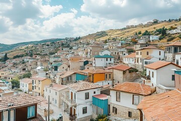 Obraz premium Whitewashed Paradise: A Panoramic View of Charming Coastal Architecture sun sky sea town blue calm 