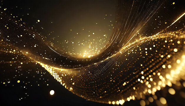 Fototapeta ダークゴールドと輝く粒子の抽象的な背景。金色の背景と粒子の光の流れ。Abstract background of dark gold and glowing particles.Golden background with particles light flow.