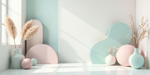 Fototapeta premium Pastel-hued room interior design showcasing decorative vases, dried floral arrangements, and organic-shaped elements bathed in soft sunlight