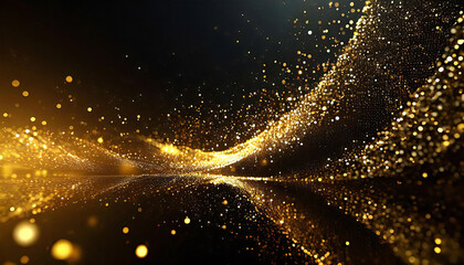 ダークゴールドと輝く粒子の抽象的な背景。金色の背景と粒子の光の流れ。Abstract background of dark gold and glowing particles.Golden background with particles light flow.