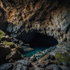 Highlight a small cave hidden in a rocky cliff.