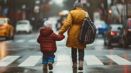 little kid helping eldery to cross the road