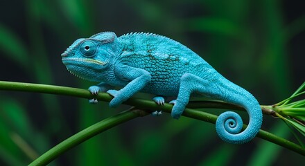Fototapeta premium Stunning Blue Panther Chameleon on Green Branch Vivid Tropical Reptile Wildlife Nature Photography pet tail 