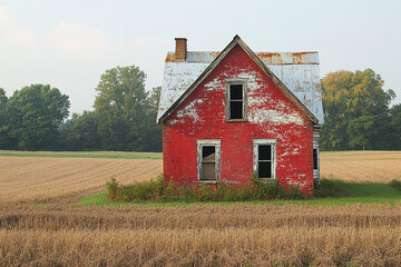Obraz premium Abandoned Red Brick Farmhouse in a Wheat Field