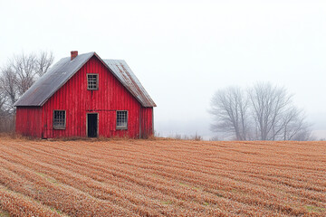 Obraz premium Red Barn Stands Alone in a Winter Field
