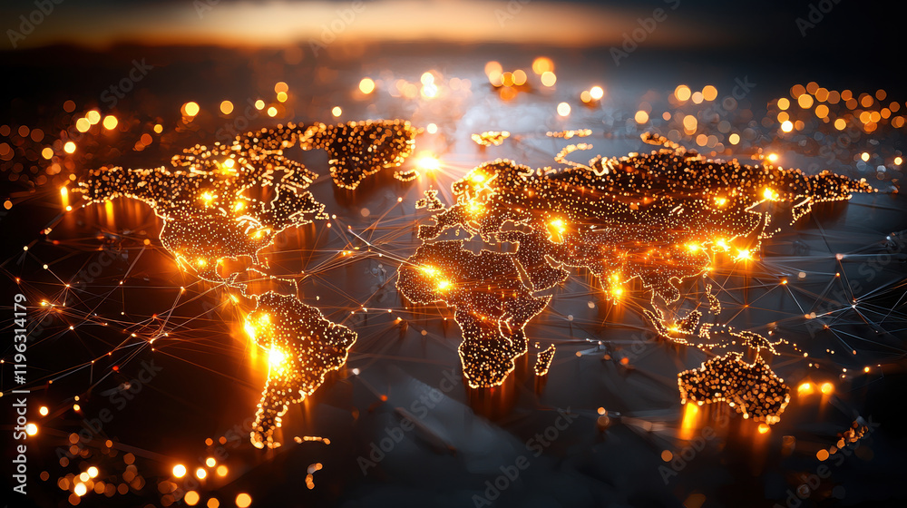 Leinwandbilder glowing world map with interconnected networks, showcasing global connections and technology. vibrant lights represent data flow and communication across continents