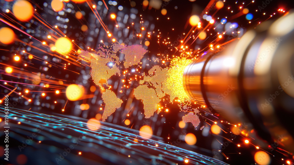Poster cinematic perspective of interconnected markets with glowing elements, showcasing world map illuminated by vibrant sparks and light trails, symbolizing global connectivity and innovation