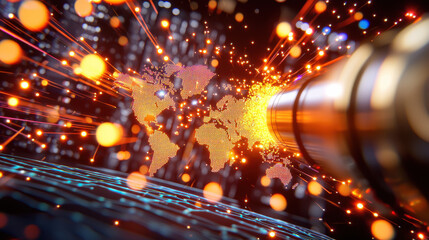 cinematic perspective of interconnected markets with glowing elements, showcasing world map illuminated by vibrant sparks and light trails, symbolizing global connectivity and innovation