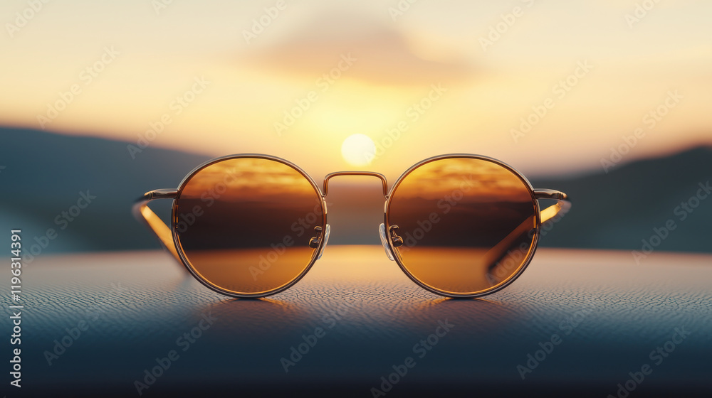 Poster cinematic rendering of polarized sunglasses on car dashboard at sunset, capturing warm and serene at