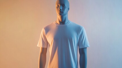 Mannequin showcasing a white t-shirt mockup, front view, in a studio with a soft, gradient background.
