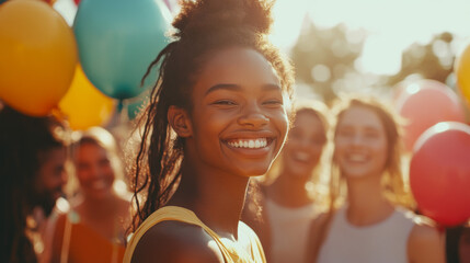 Happy Young Woman with Friends at a Summer Festival