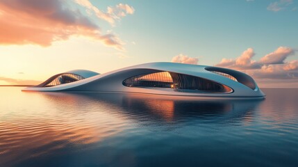 Obraz premium Futuristic Architectural Structure on Tranquil Water at Dusk with Vibrant Sky Reflections and Unique Curved Design Emphasizing Innovative Concepts and Natural Beauty
