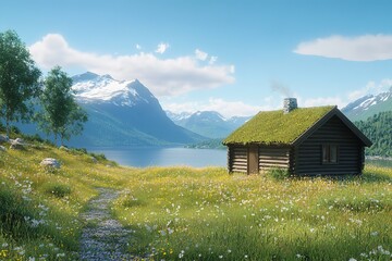 Obraz premium Charming Rustic Log Cabin with Grass Roof, Idyllic Scene, Miniature Home, Fairytale Cottage, 