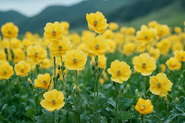 Fototapeta premium Vibrant Yellow Flowers Bloom in Lush Green Field