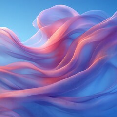 Abstract flowing fabric, pastel pink and purple against blue sky.