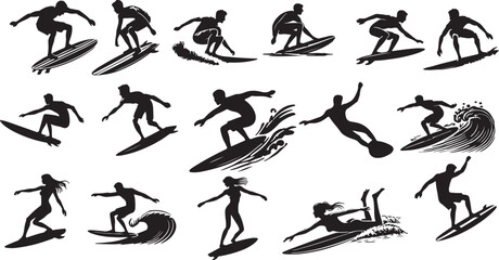 Silhouette of a Person Surfing - Vector Illustration Set