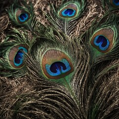 Fototapeta premium A peacock feather lying on the grA group of three peacocks with different shades of tail feathers.ound, symbolizing its beauty.