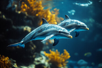 Two Dolphins Gracefully Swimming Through Ocean Coral