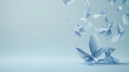 Falling blue paper petals, light blue background, delicate and graceful, soft and subtle movement