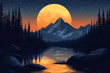 Fototapeta premium Majestic Mountain Lake Sunset With Giant Orange Moon