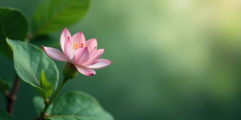 Fototapeta premium A Delicate Pink Flower Blossom on a Verdant Stem with Lush Green Foliage in Soft Natural Light