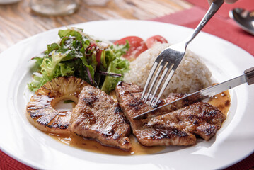 Grilled Pork Neck with Grilled Pineapple and Salad