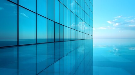 Fototapeta premium Serene Lakeside Glass Building with Mirrored Reflection of Sky and Water