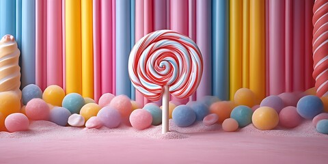 Giant lollipop in colorful candy landscape.
