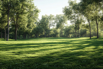Obraz premium Lush Green Meadow Surrounded by Tall Summer Trees