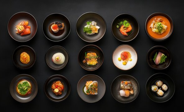 Gourmet tasting menu, overhead, dark background, restaurant