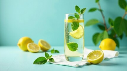 Fototapeta premium Refreshing Lemon and Mint Beverage in a Tall Glass with Slices of Lemon and Fresh Mint Sprigs on a Light Blue Background