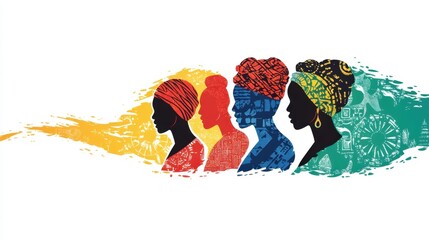 A vibrant silhouette illustration showcasing four women with diverse head wraps, symbolizing unity and cultural heritage.