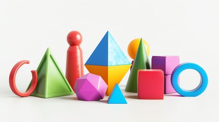 A group of colorful geometric shapes on a white background.