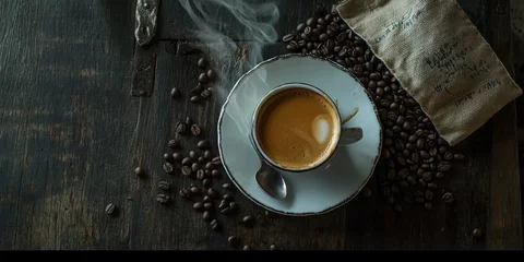 Fototapete Rund Steaming espresso, coffee beans, rustic wood © syifa