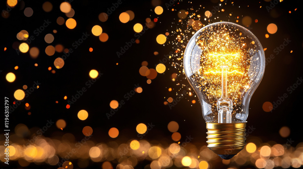 Aufkleber glowing lightbulb surrounded by sparkling particles creates magical atmosphere. bright illumination 