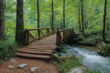 Fototapeta premium Wooden Bridge Spanning Forest Stream in Lush Green Woods