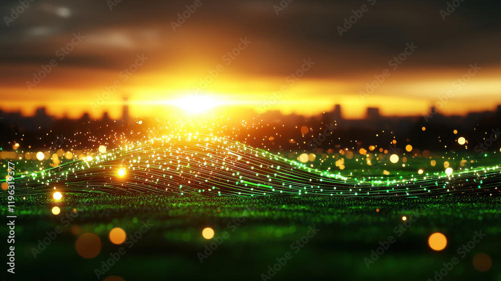 Aufkleber stunning landscape featuring glowing nodes and digital waves at sunset, creating sense of innovation