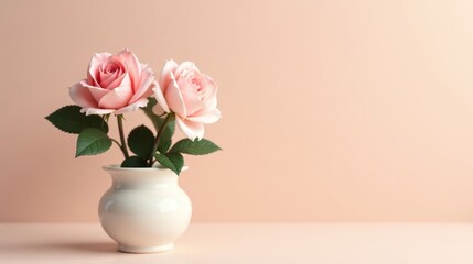 Fototapeta premium Delicate Pink Roses in a Simple White Vase on a Soft Peach Background