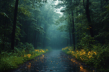 Obraz premium Rain falls on a forest path glowing with flowers