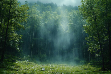Obraz premium Rain Falling Through Lush Green Forest Canopy