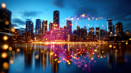 Obraz premium vibrant city skyline at dusk, illuminated by colorful lights reflecting on water. digital overlay adds modern touch, enhancing urban atmosphere