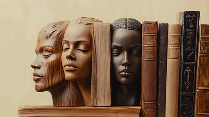 A serene composition featuring wooden busts atop vintage books, perfect for celebrating Black History Month, cultural events, or enriching educational content.