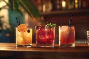 Three cocktails bar counter drinks menu background