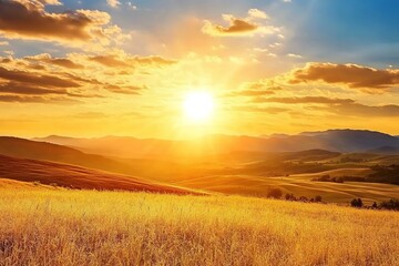Fototapeta premium Golden Hour Sunset: Serene Rolling Hills Landscape Panorama sky calm view rural field grass image 