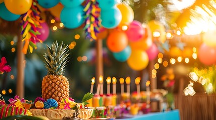 Tropical birthday party buffet, outdoor sunshine