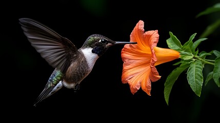 Fototapeta premium A hummingbird hovering near a vibrant orange hibiscus flower in a lush green garden backdrop